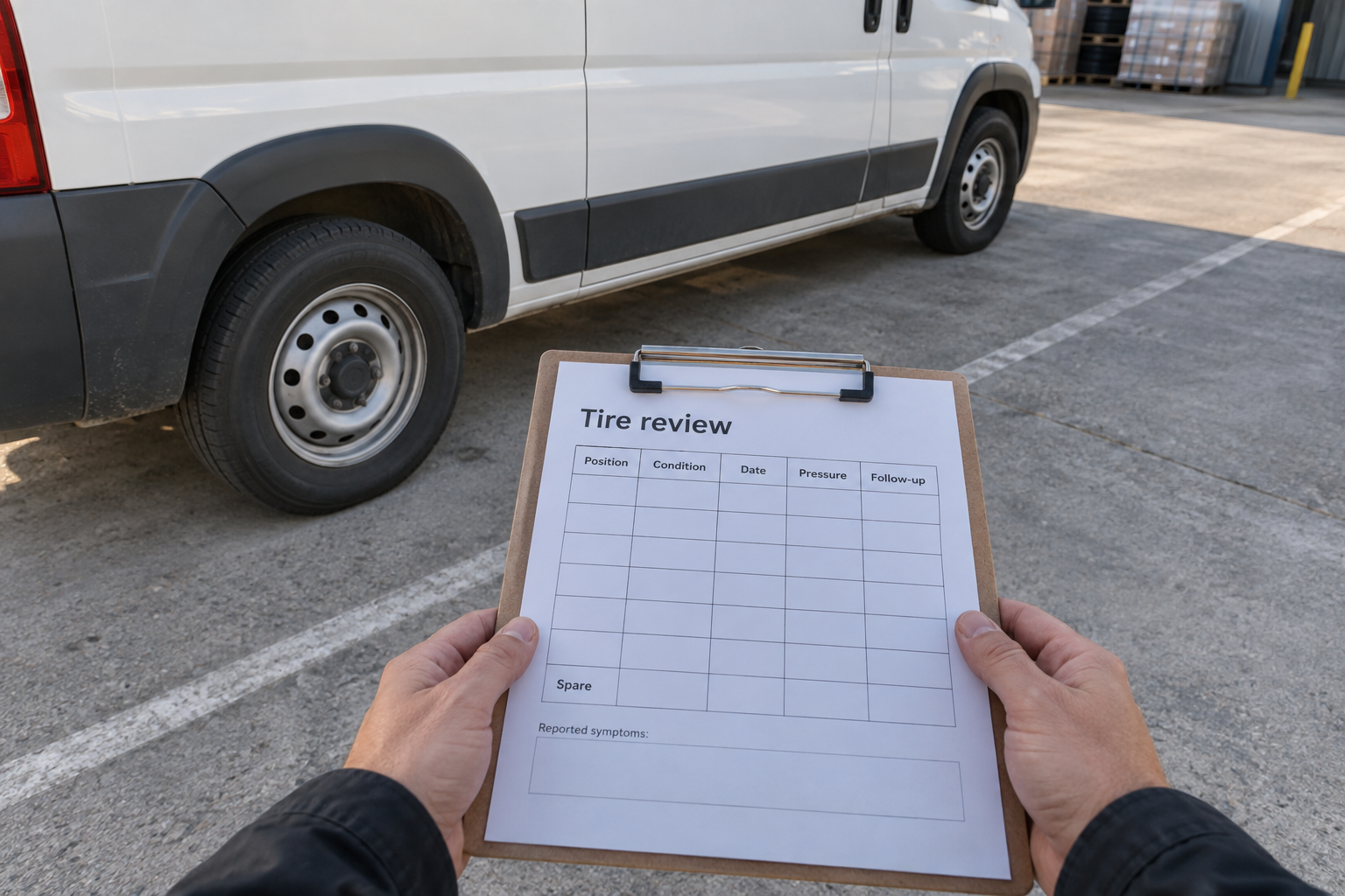 Delivery vehicle tire age and wear checks separate tread, damage, manufacturing date, pressure conditions and unresolved maintenance concerns before departure.