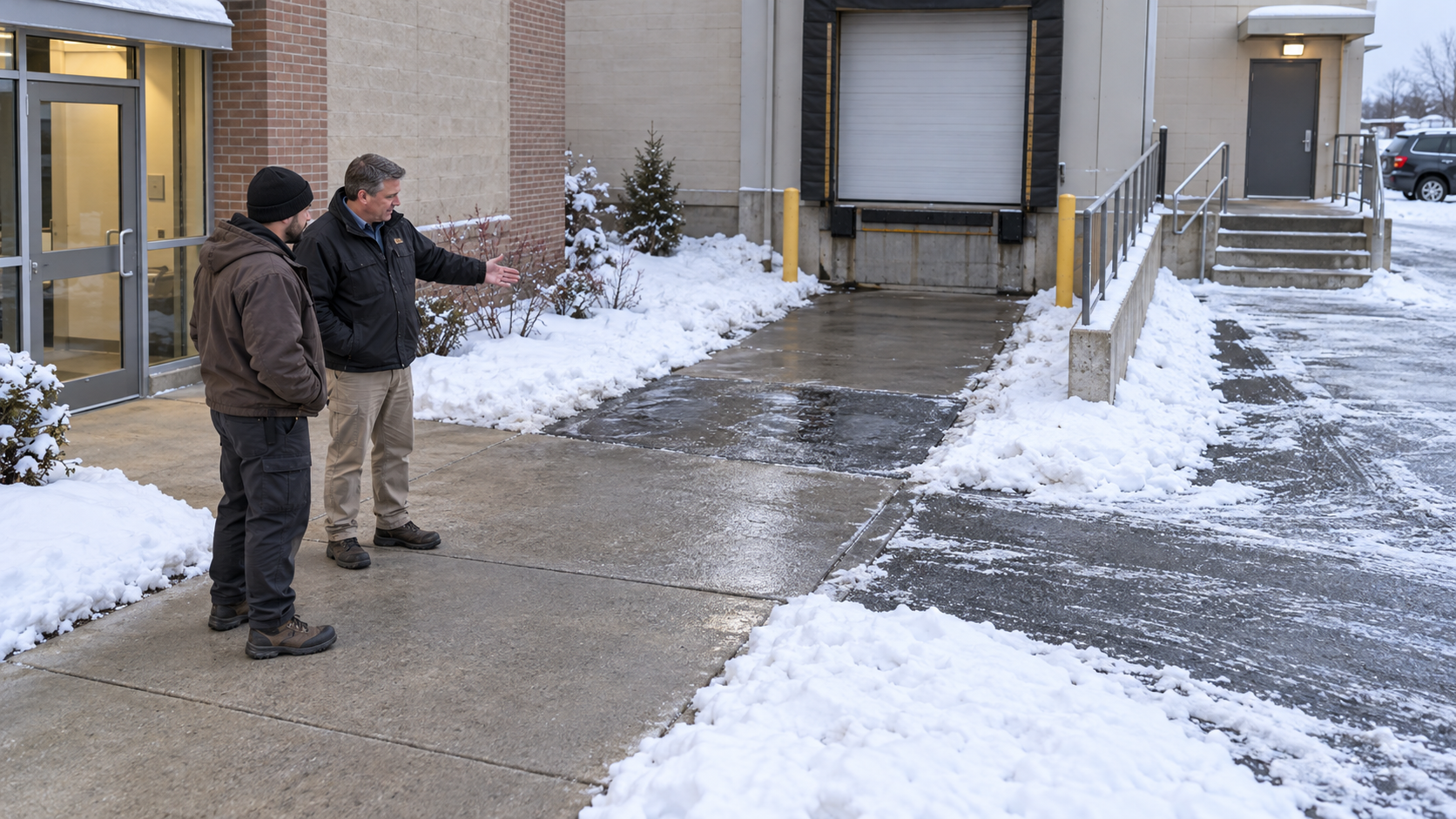 Winter loading-area slip prevention connects the full walking route, current surface conditions, treatment, reporting contact and assessed alternatives.